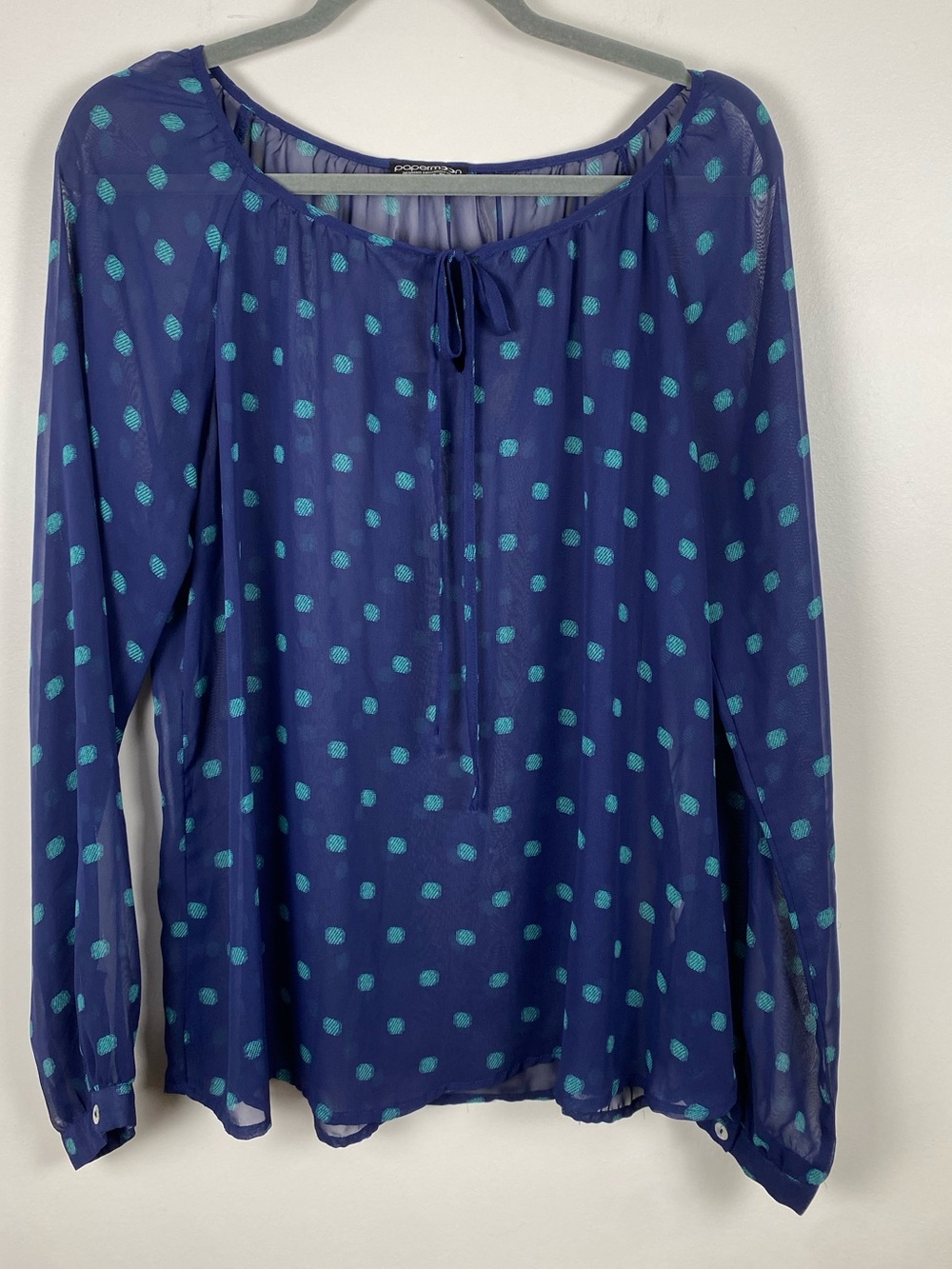 Papermoon Women's Navy Blue Polka Dot Long-Sleeve Peasant Blouse